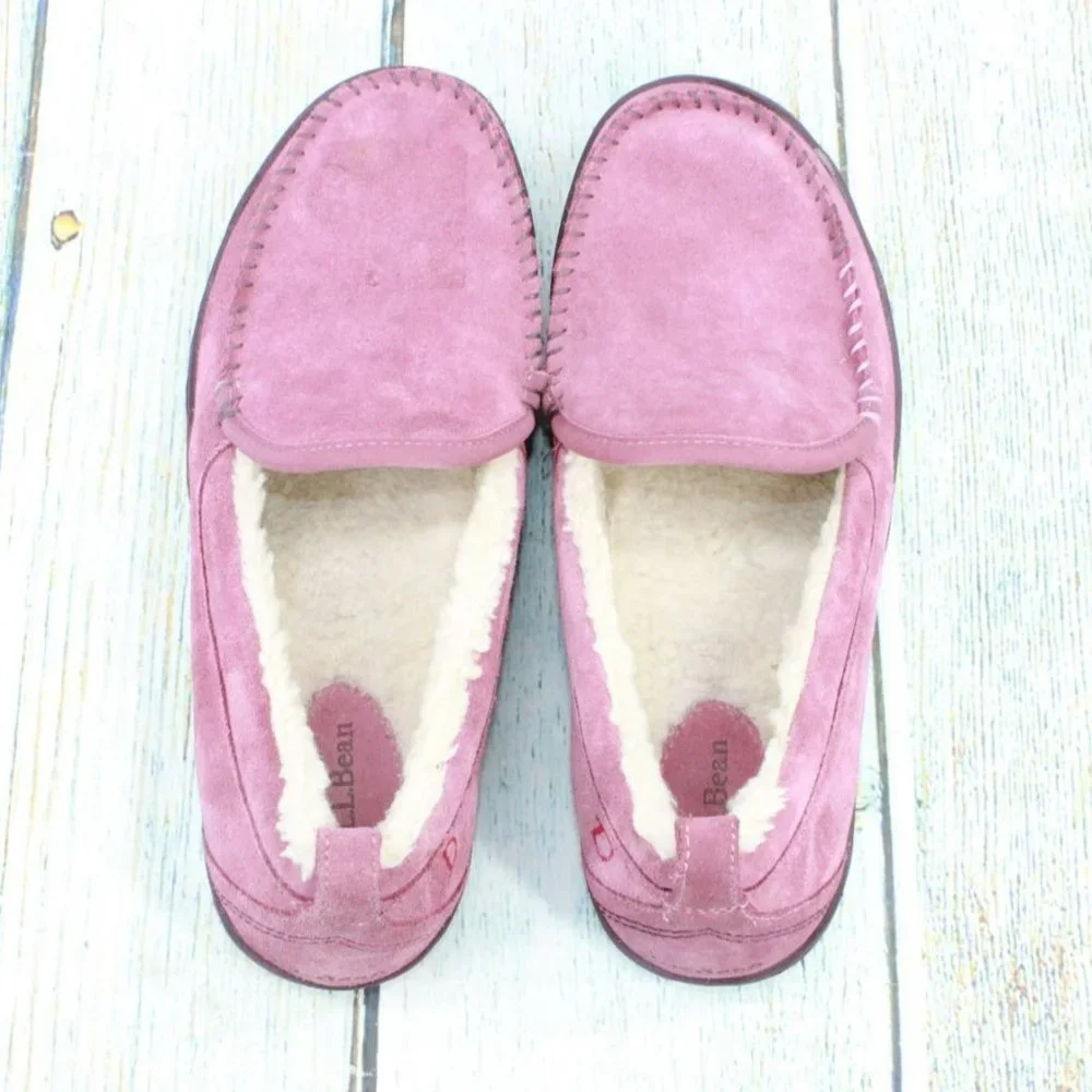 LL Bean Pink Suede Shearling Lined Mountain Moccasin Slippers Size 11 M - Picture 7 of 9